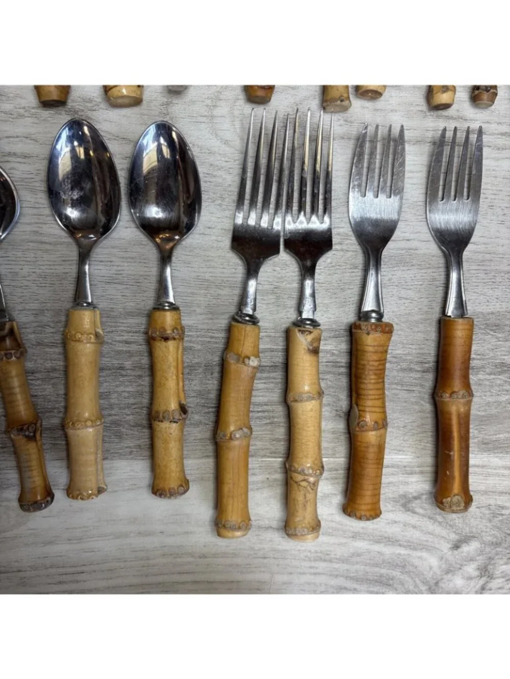 Vtg 29pc Bamboo Handle Flatware Silverware and Serving Pieces Stainless Japan
